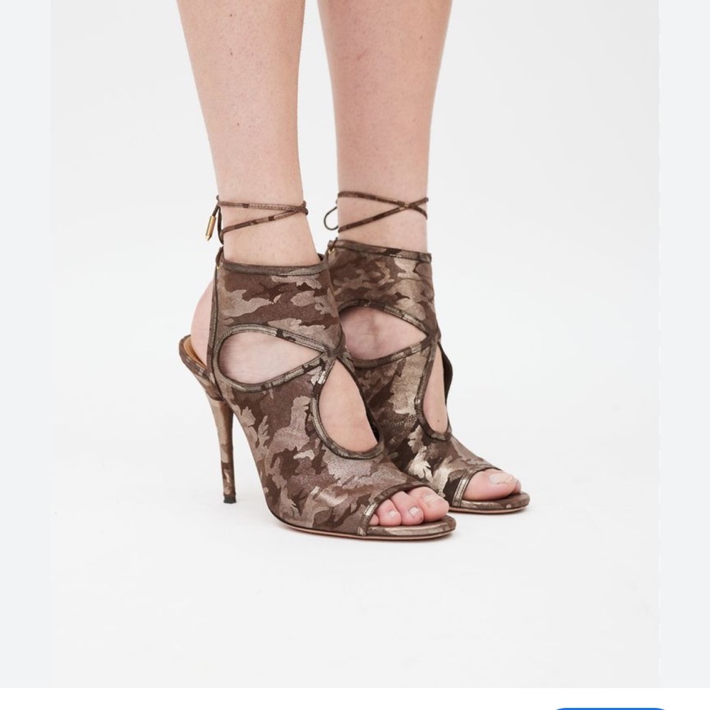 Aquazzura Brown & Metallic Camouflage Cutout Lace-Up Women's Shoes Sandals